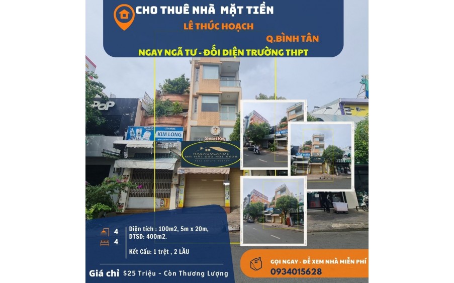 CỰC HIẾM, Cho thuê nhà mặt tiền Lê Thúc Hoạch 240m2, 3Lầu+ST,NGANG 12M